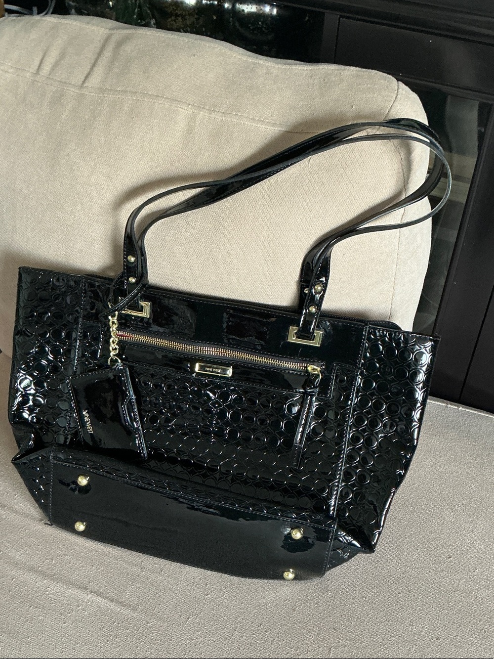 Nine West Black Patent Tote with Gold Hardware